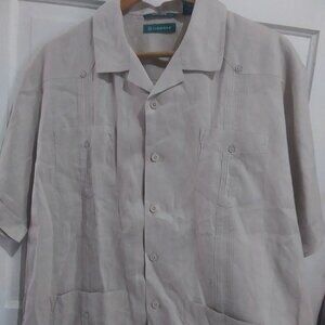 Cubavera Mens Shirt sz L Green tag 100% Linen Button Down Short Sleeve Biege